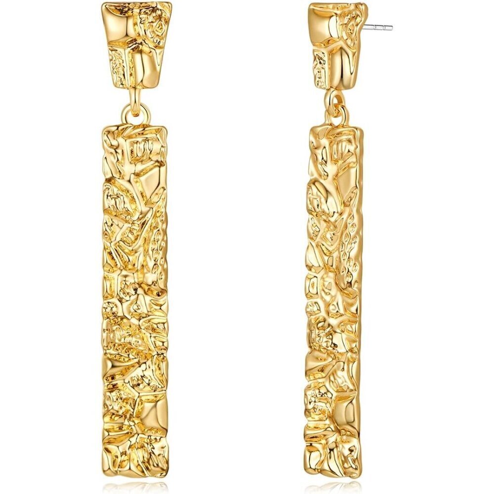 Gold Plated Drop Earrings for Women Hammered Sculptural Design Jewelry Gift